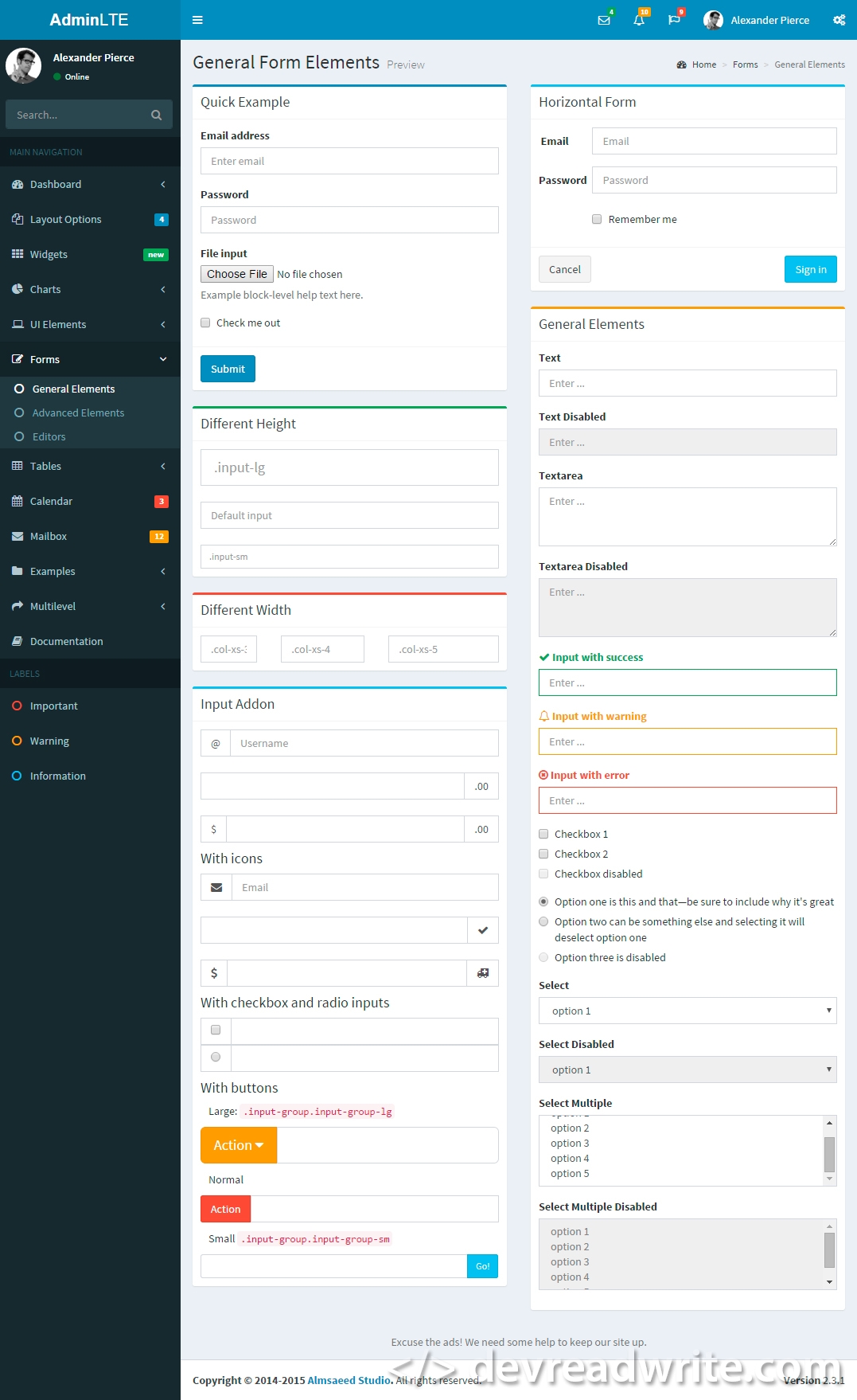 AdminLTE, screenshot of forms