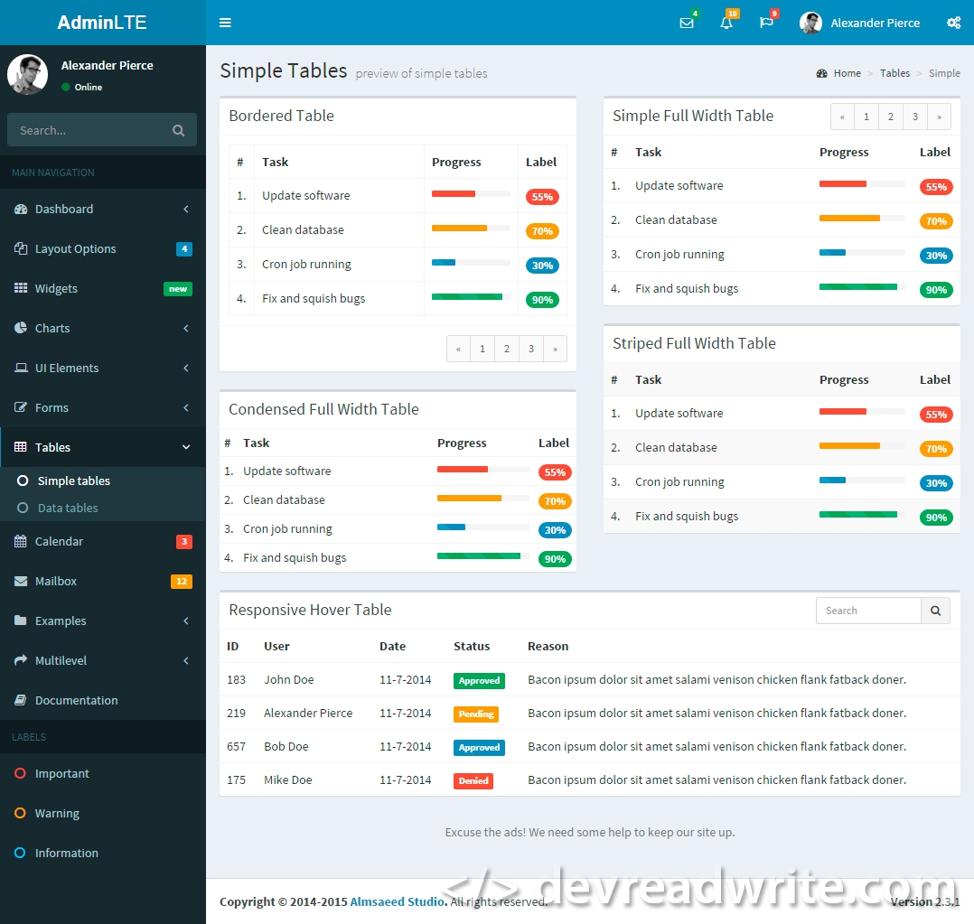 AdminLTE, screenshot of tables