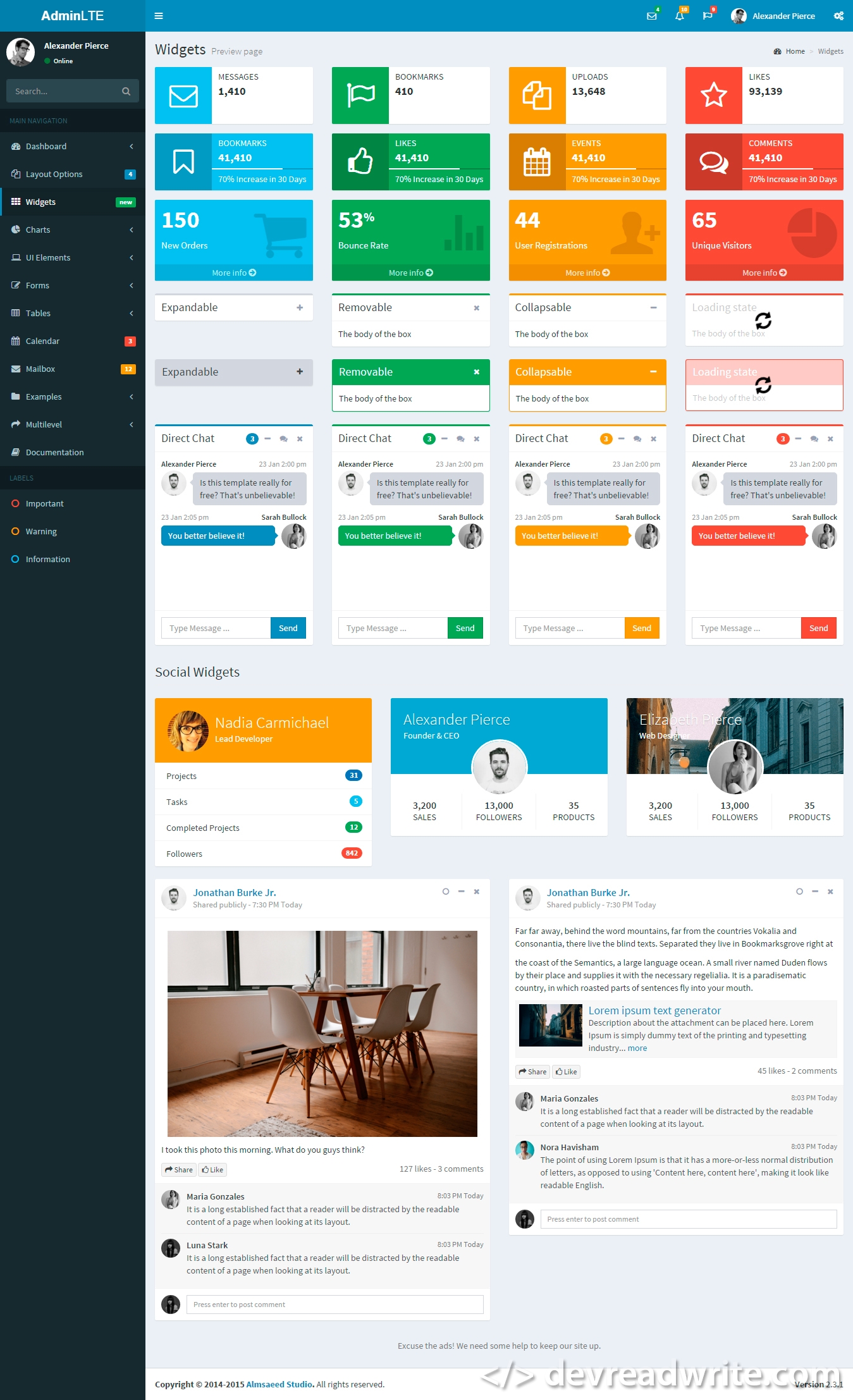 AdminLTE, screenshot of  widgets page