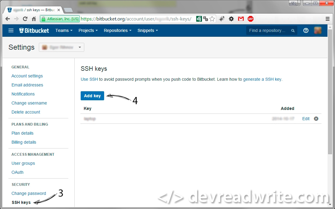 bitbucket, add SSH key