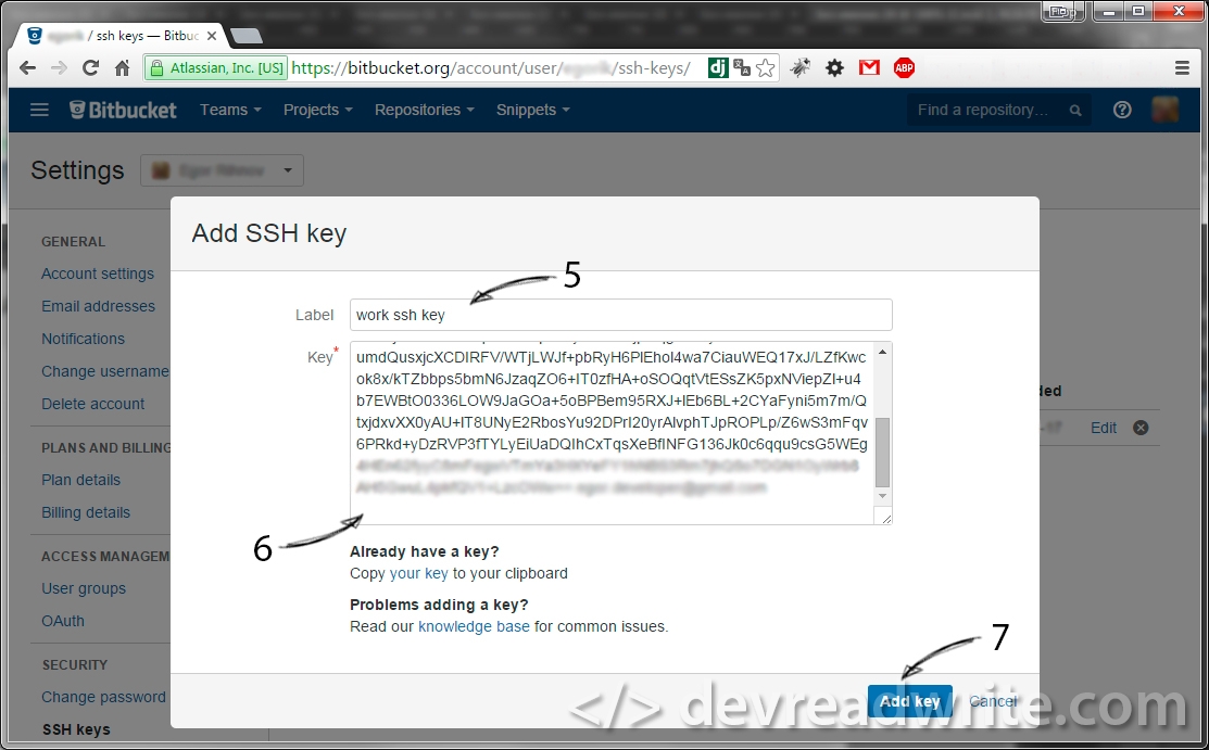 bitbucket, save SSH key